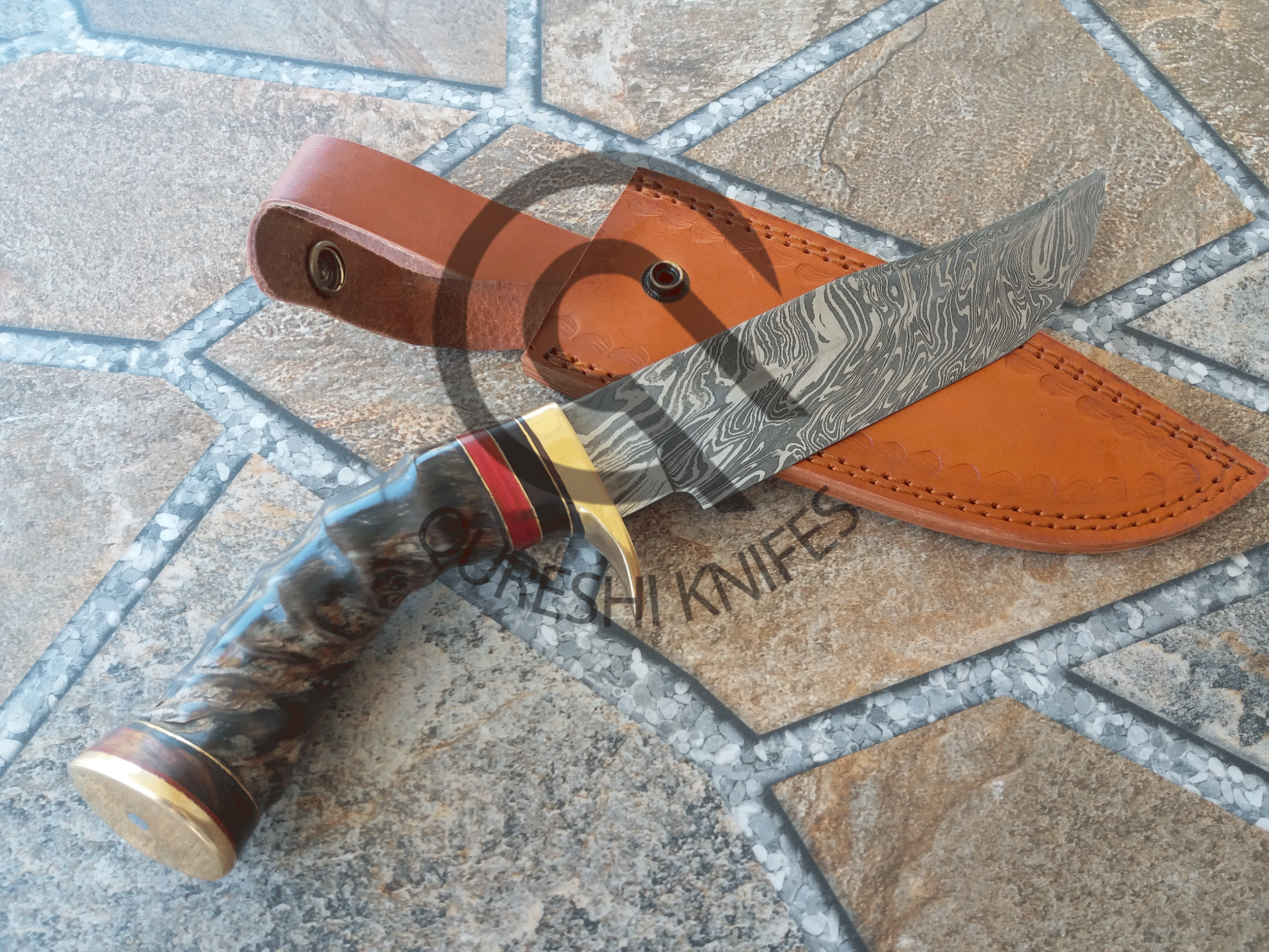 Damascus Bowie Knife - Stag Horn Handle
