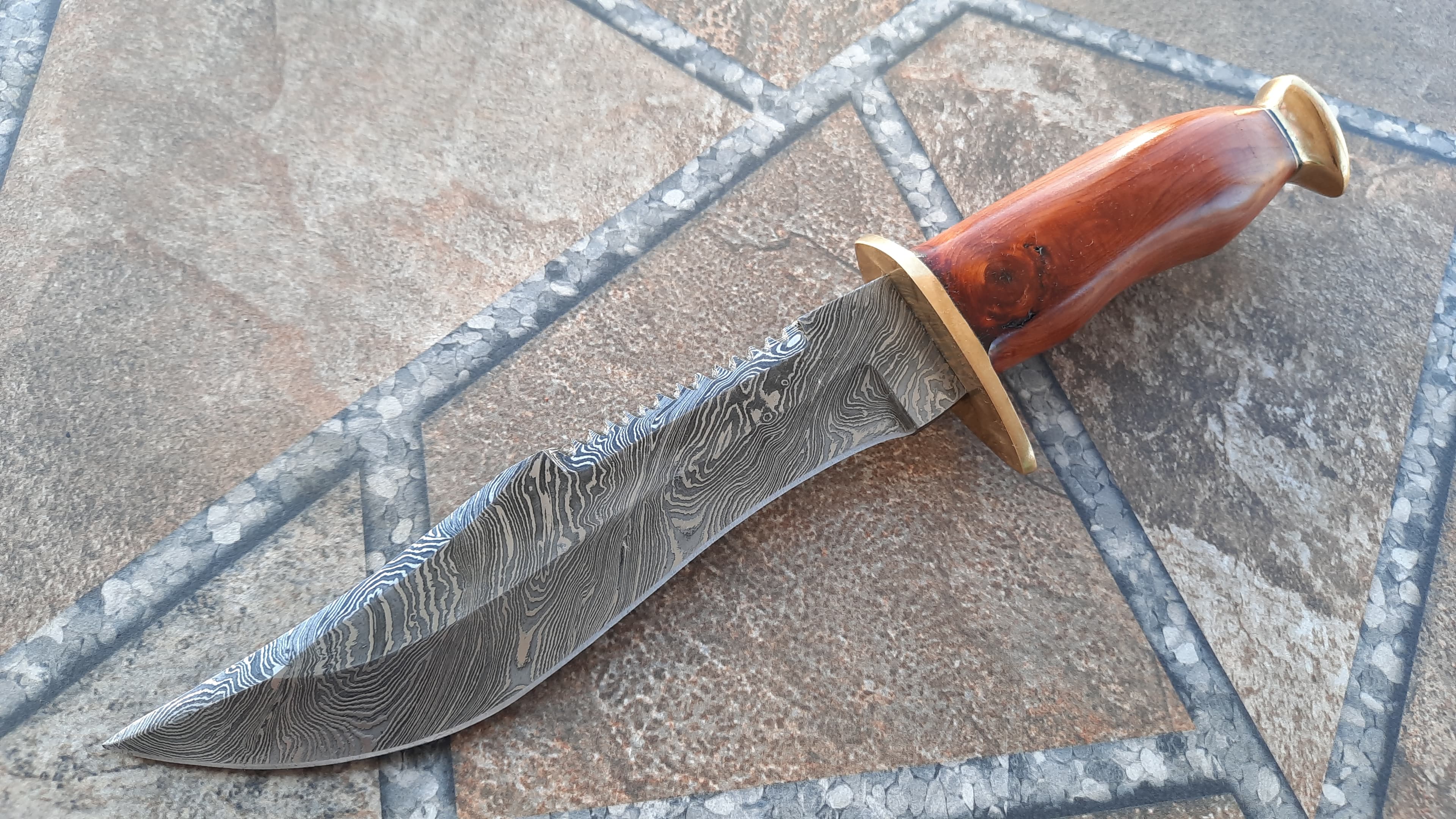 Damascus Bowie Knife - Wood Handle