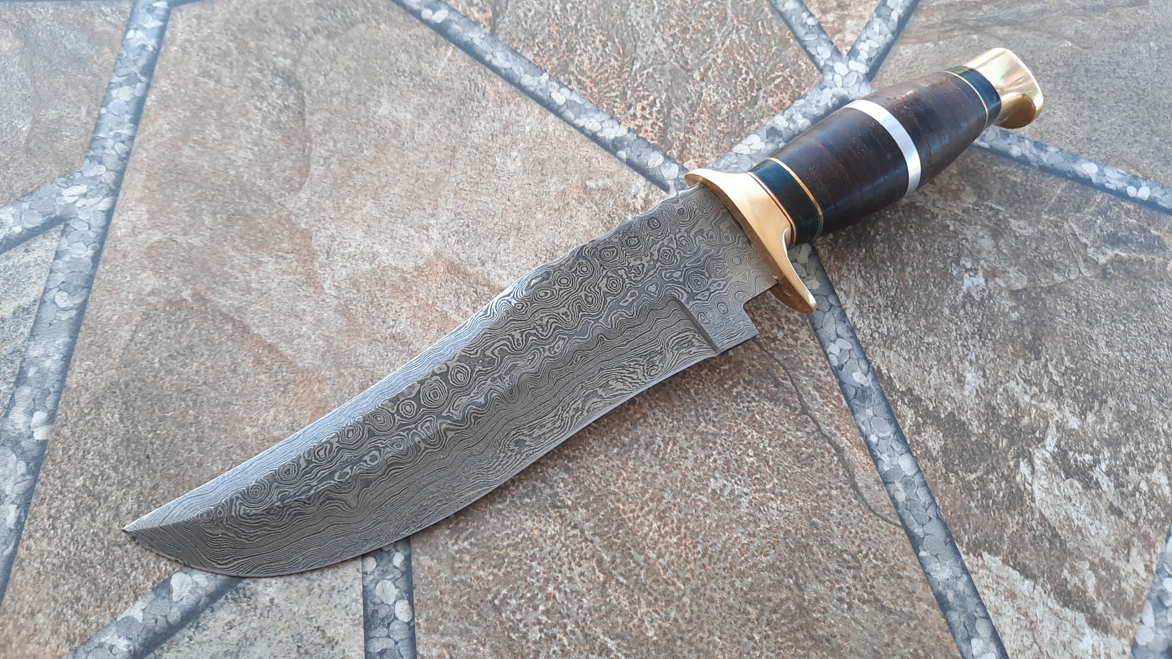 Damascus Bowie Knife - Leather Handle