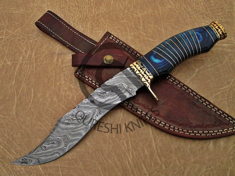 Damascus Bowie Knife - Color Wood Handle