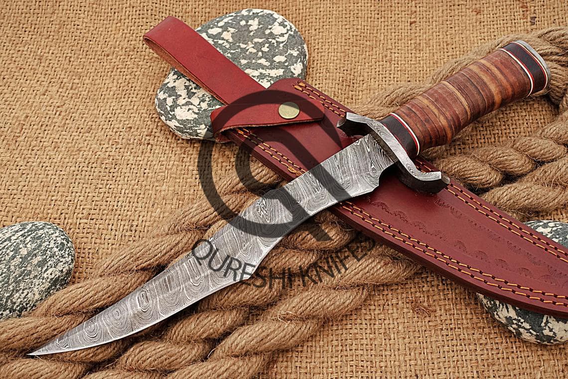 Damascus Bowie Knife - Wood Handle