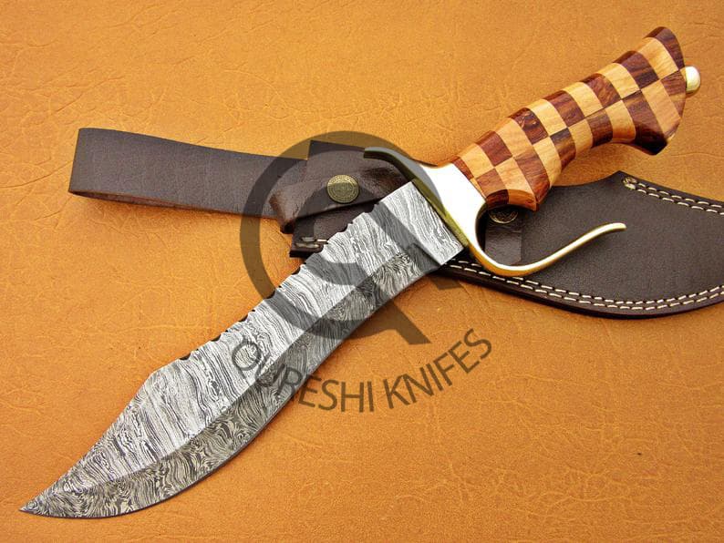 Damascus Bowie Knife - Wood Handle