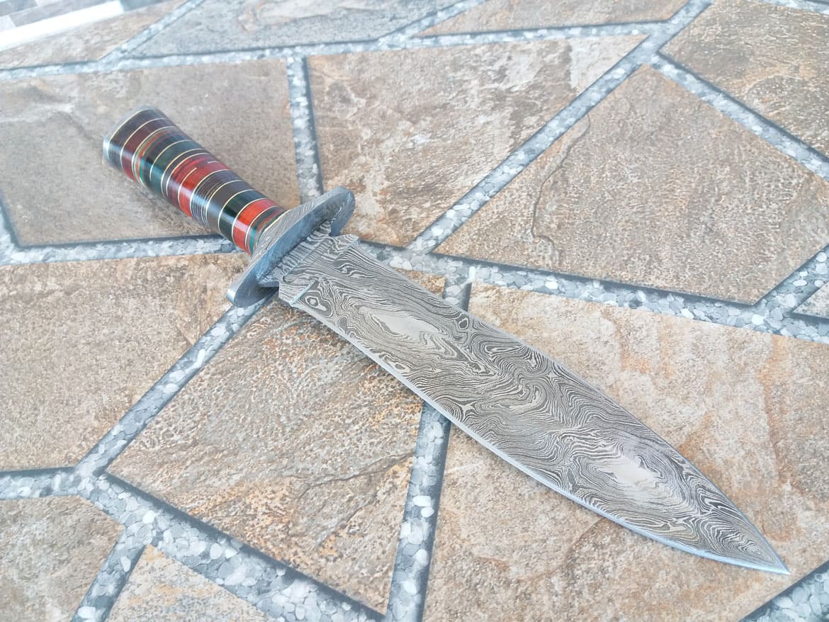 Damascus Dagger Knife - Color Wood Handle