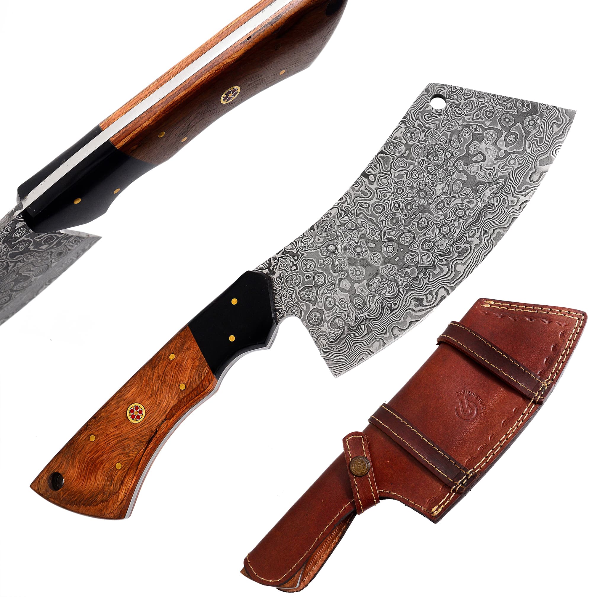 Damascus Cleaver - Wood + Buffalo Horn Handle