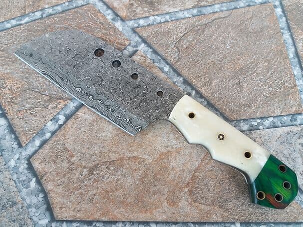 Damascus Cleaver - Color Wood + Camel Bone Handle